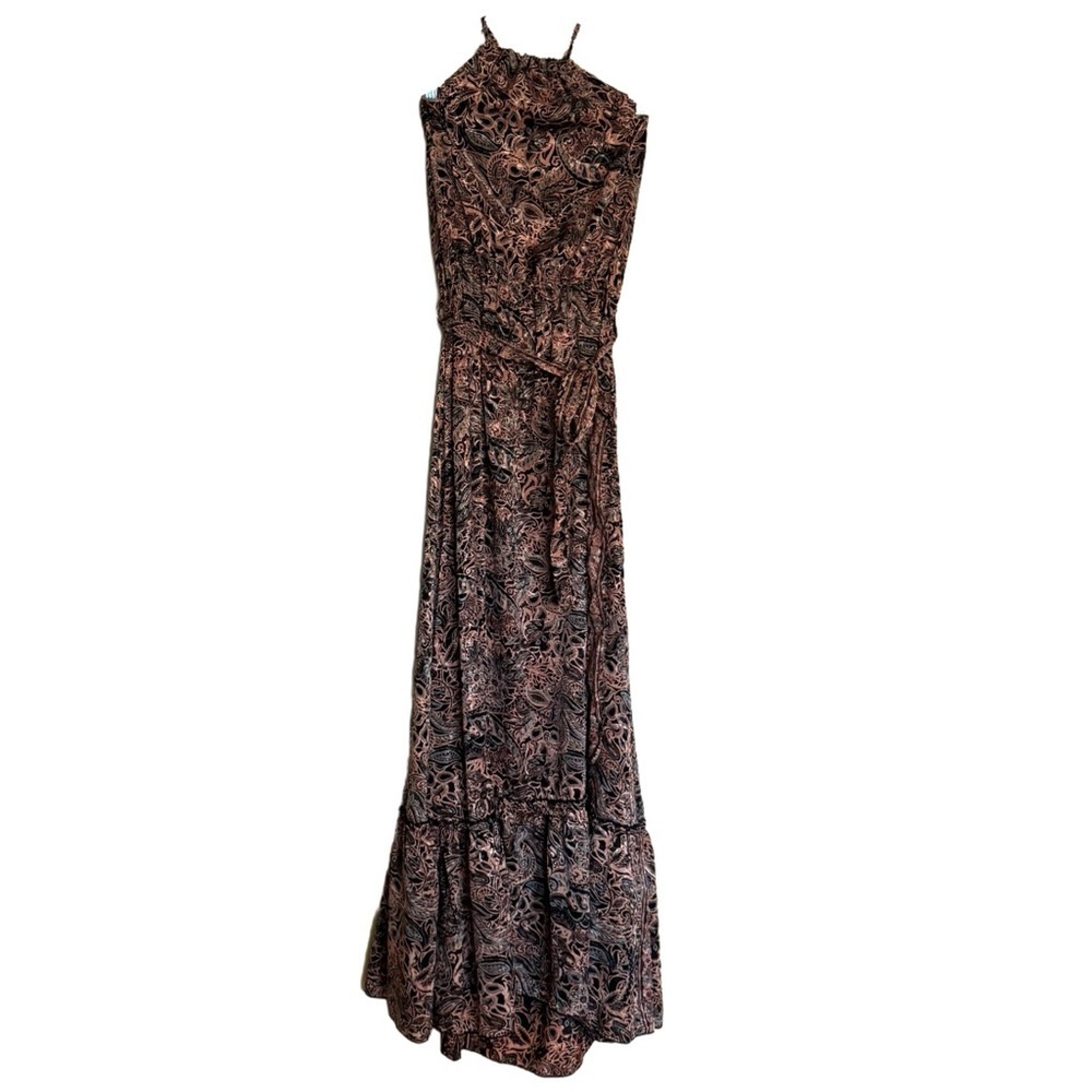 Karma Highway Paisley Print Halter Maxi Dress One Size Black Brown Boho Casual